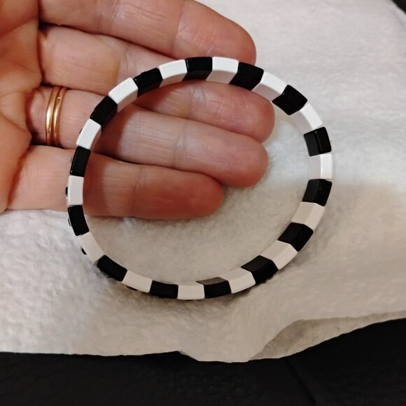 Unisex Black&White Reflective Inserts Geometric Beads Mix Media Elastic Bracelet - Picture 9 of 9